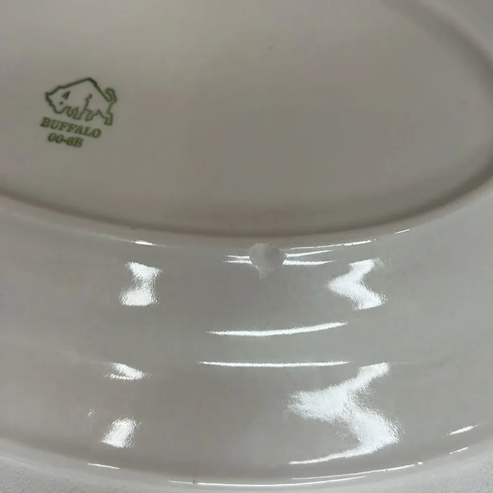 Buffalo Plates Heavy Ceramic Oval White Green Set Of 2 11 1/2 Inches X 7 3/4